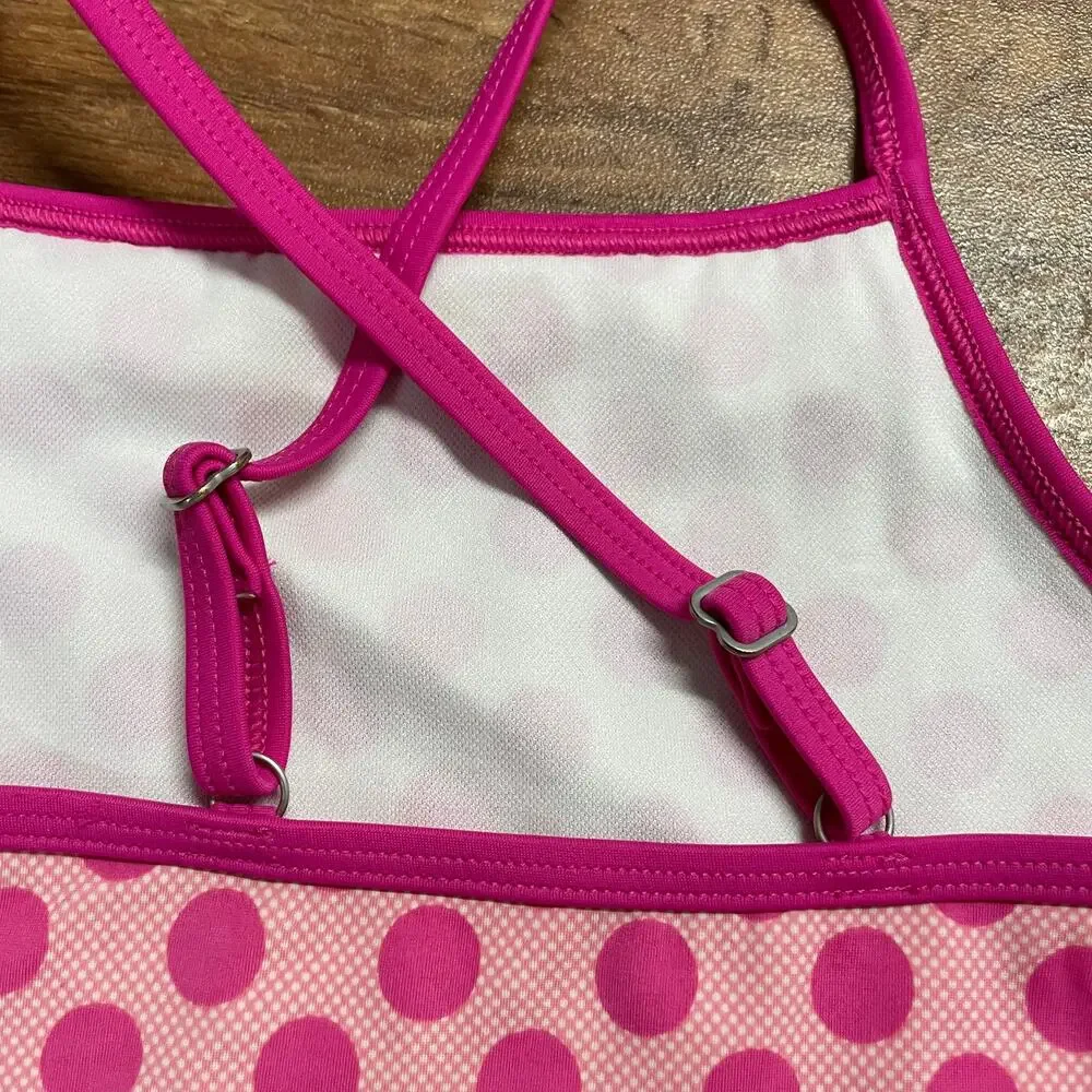 Lands End Girls Tankini Top Pink Polka Dot Size 6 Ruffle Racerback